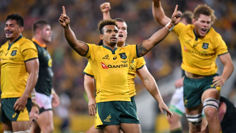 Winners are grinners: Will Genia and the Wallabies celebrate at full-time at Suncorp Stadium.