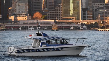 Water police waited under the Sydney Harbour Bridge during a Greenpeace protest.