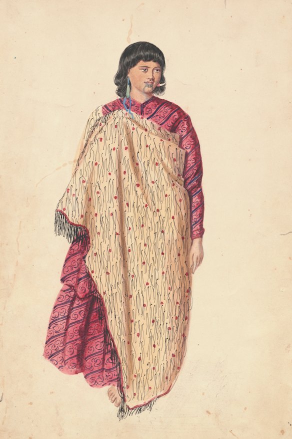 Joseph Jenner Merrett, Māori girl in cloak, 1845, pencil, watercolour, National Library of Australia, Canberra,  Rex Nan Kivell Collection.