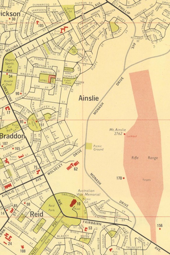 1965 tourist map of Canberra featuring Monash Drive. The road was pencilled in as a future bypass for the inner north but is yet to be built