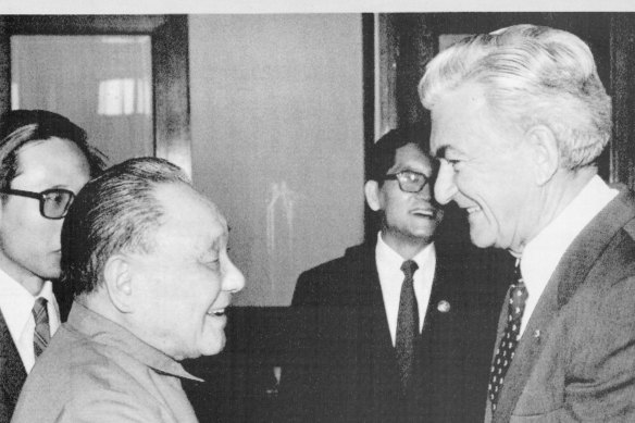 Australian Prime Minister Bob Hawke is greeted by China's top leader, Deng Xiaoping, on May 20, 1986. 