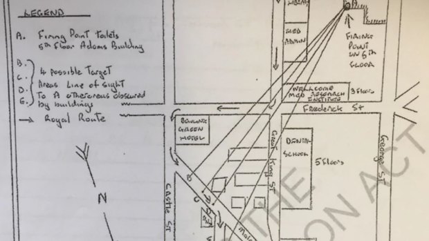 A hand-drawn map confirms the shot was heard near Walsh Street, metres from where the Queen travelled.