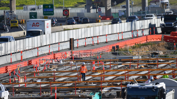 Workers at the West gate tunnel project, Western distributor at Grieve Parade,  Altona North. 18th June 2020 The Age News Picture by JOE ARMAO