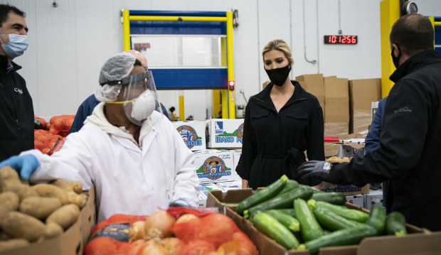 Ivanka Trump visits a food distribution centre in Laurel, Maryland, as  concerns are rising over the huge amount food being wasted in virus-affected areas. 