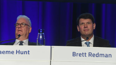 AGL chairman and interim chief executive Graeme Hunt with former chief executive Brett Redman at the 2019 annual general meeting. Mr Redman left the company just two weeks ago.