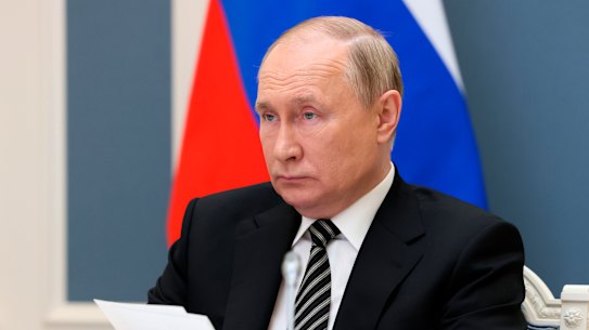 Russian President Vladimir Putin attends a meeting of the Supreme Eurasian Economic Council via videoconference in Moscow, Russia.