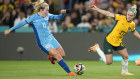 Lauren Hemp scores England’s second goal during their semi-final victory over Australia.