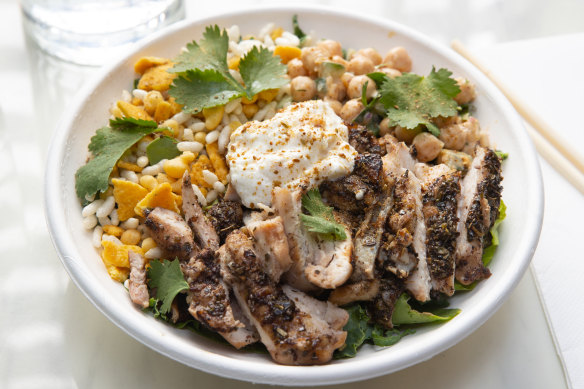 Spiced grilled chicken salad, one of many variations on the “big salad” theme.