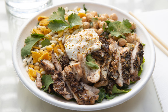 Spiced grilled chicken salad, one of many variations on the “big salad” theme.