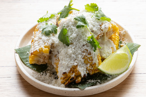 Corn ribs with hot honey, lime crema and cotija cheese.