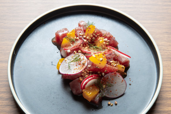 Tuna tartare is deftly dressed with Aleppo chilli, tangelo and buckwheat.