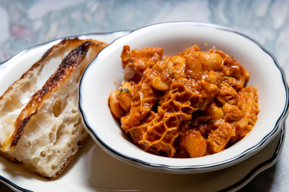 Trippa alla Fiorentina, with honeycomb tripe richly sauced in tomato sugo studded with big fat white beans.