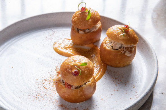 Blue swimmer crab doughnuts, made with pa thong ko (Thai-style Chinese crullers).