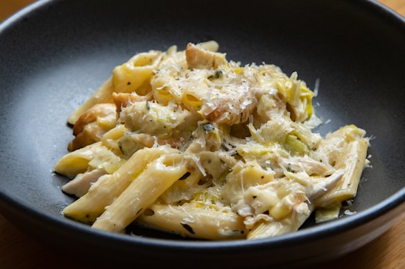 This comforting roast chicken, leek and penne pasta dish comes together in less than 30 minutes.