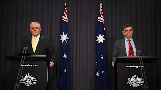 Prime Minister Scott Morrison and Chief Medical Officer Brendan Murphy speak to the media on Tuesday night