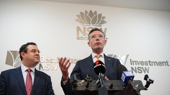 Trade Minister Stuart Ayres and Premier Dominic Perrottet in Mumbai on Thursday.