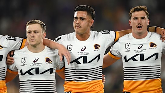 Billy Walters, Keenan Palasia and Kobe Hetherington line up ahead of the 2023 grand final for the Brisbane Broncos.