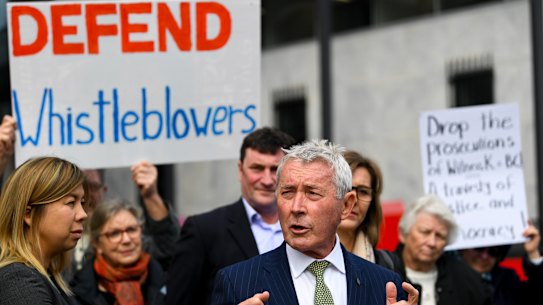 Lawyer Bernard Collaery addresses the media outside the Supreme Court in Canberra on Tuesday.