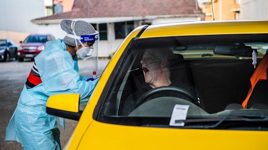 COVID-19 drive through testing on Second Avenue, Blacktown during Sydney’s lockdown.  Blacktown. Coronavirus COVID-19. 28th July 2021 Photo Louise Kennerley SMH