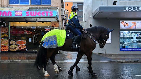 NSW Mounted Police patrolling the streets of Fairfield during the 2021 Delta lockdown.