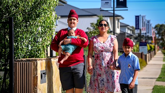Simar Bamrah, who has recently moved to Donnybrook, with her sons Raninder, Harteg and baby Gurniwaaz.