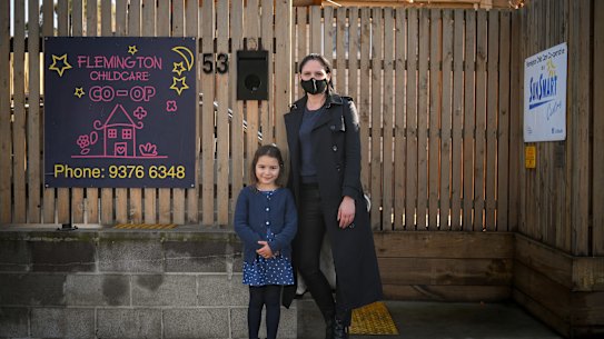 Daniela Kavoukas with her five year old daughter Harryo outside Flemington Childcare 
