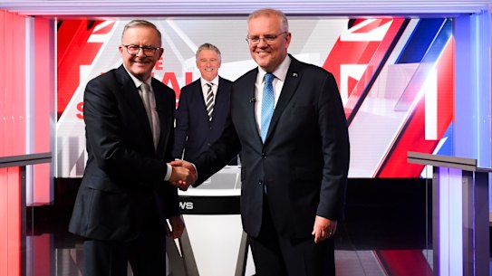 Anthony Albanese and Scott Morrison before the last debate of the 2022 election.