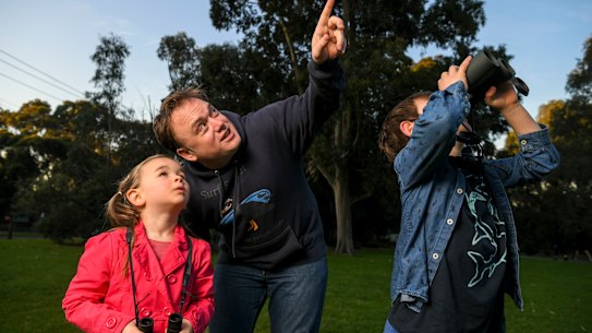 Bird watchers Ed Williams and children, Elise, 4, and Hugh, 7.