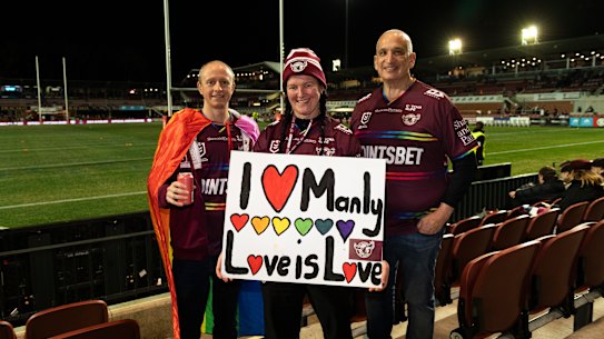 Manly supporters Garry Moore, Angela Martinez and Didier Rivet. 