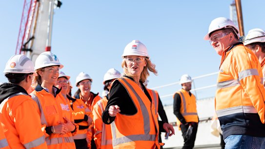 Metropolitan Roads Minister Natalie Ward, centre, announces the start of construction of the Western Harbour Tunnel.