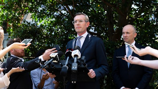 NSW Premier Dominic Perrottet at his press conference on Thursday.