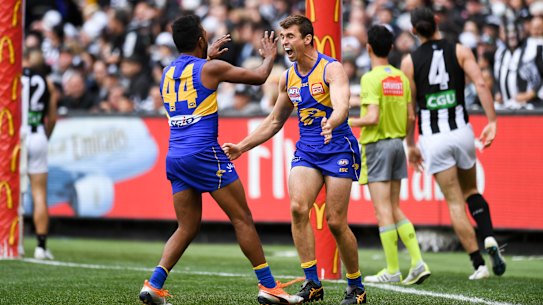 2018 AFL Grand Final, Collingwood v West Coast. 29/09/2018. Justin McManus's photo. Jamie Cripps (WC) celebrates scoring a goal with William Rioli.