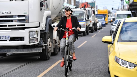 Moreland mayor Natalie Abboud on her electric bike.
