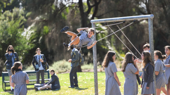 Students from Albert Park College play at Gasworks Park on Tuesday.