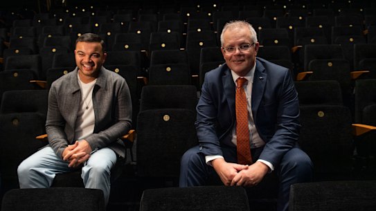 Prime Minister Scott Morrison with singer Guy Sebastian (left) at the announcement of a $250 million arts rescue package.