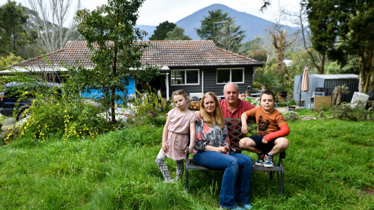 Lawyer James Gray and local councillor Fiona McAllister with their children Cassius and Lexie.They are campaigning for rural towns in the Yarra Ranges to be classified as regional rather than part of metropolitan Melbourne. 