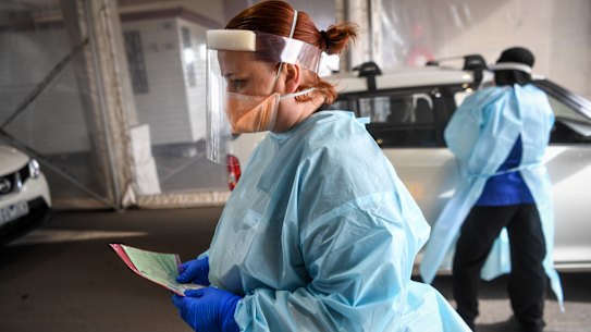 A drive-in COVID-19 testing site in Epping. There were long queues at testing clinics across the city. 