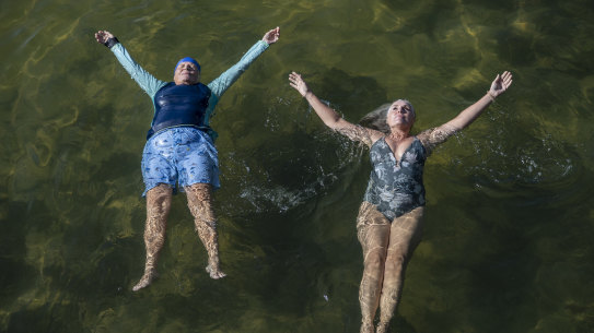 Coogee Women’s Bath Interim secretary elect Colleen Kelly with president elect Tracy Grujovic, swimming at Coogee ocean pool.  