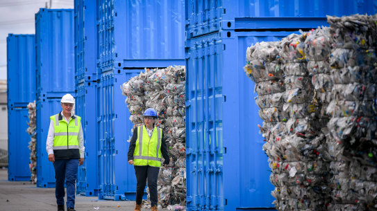 Environment Minister Lily D'Ambrosio and Cleanaway general manager Matthew Mckenzie in Laverton North on Monday.