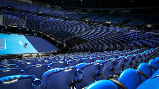 Filip Kranjinovic v Daniil Medvedev match at the Rod Laver Arena with no crowd because of the stage 4 lockdown in Victoria. 13 February 2021. 