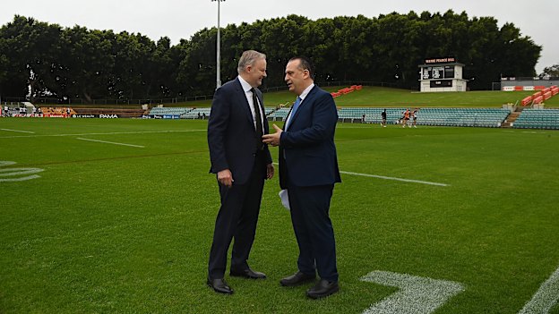 Anthony Albanese with Peter V’landys at Leichhardt Oval in June.