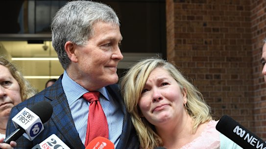 Steve Johnson and sister Rebecca outside the court on Tuesday.