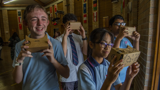 Doonside Technology High School students Harrison Try, Emily Yaneza, Alain Bidar  and Ruhit Saha viewing virtual reality during the STEM program. 