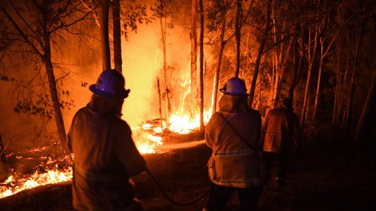 NSW RFS fire fighters work through the night to prevent a flare up from crossing the Kings Highway in between Nelligen and Batemans Bay.  NSW RFS has called for all tourists to leave the area ahead of this weekend’s hazardous fire conditions. Batemans Bay, NSW. 2nd January, 2020. 
