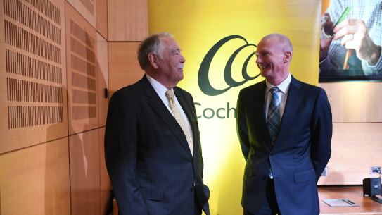 Cochlear chairman Rick Holliday-Smith and CEO Dig Howett at the company's AGM on Tuesday. 