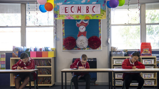 Balloons greeted year 3 students who went back to school at Emu Plains Public school on Monday