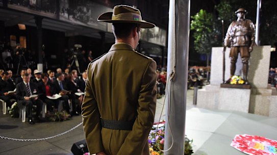 Crowds gathered at Martin Place in Sydney for the dawn service on Anzac Day.