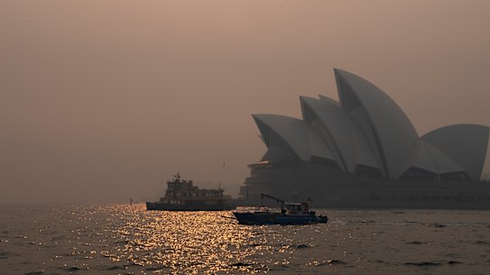 Smoke haze over Sydney Harbour from bushfires burning in NSW in early December.