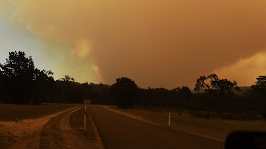 The Gospers Mountain fire in the Wollemi National Park burns strongly under westerly winds on Thursday.