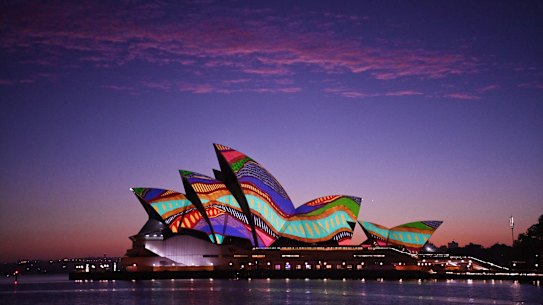 Aboriginal painting projected onto the Sydney Opera House on January 26, 2021. 
